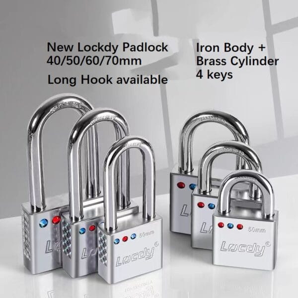 Padlock Long & Short hook 4 keys , Iron chrome plated with Brass cylinder